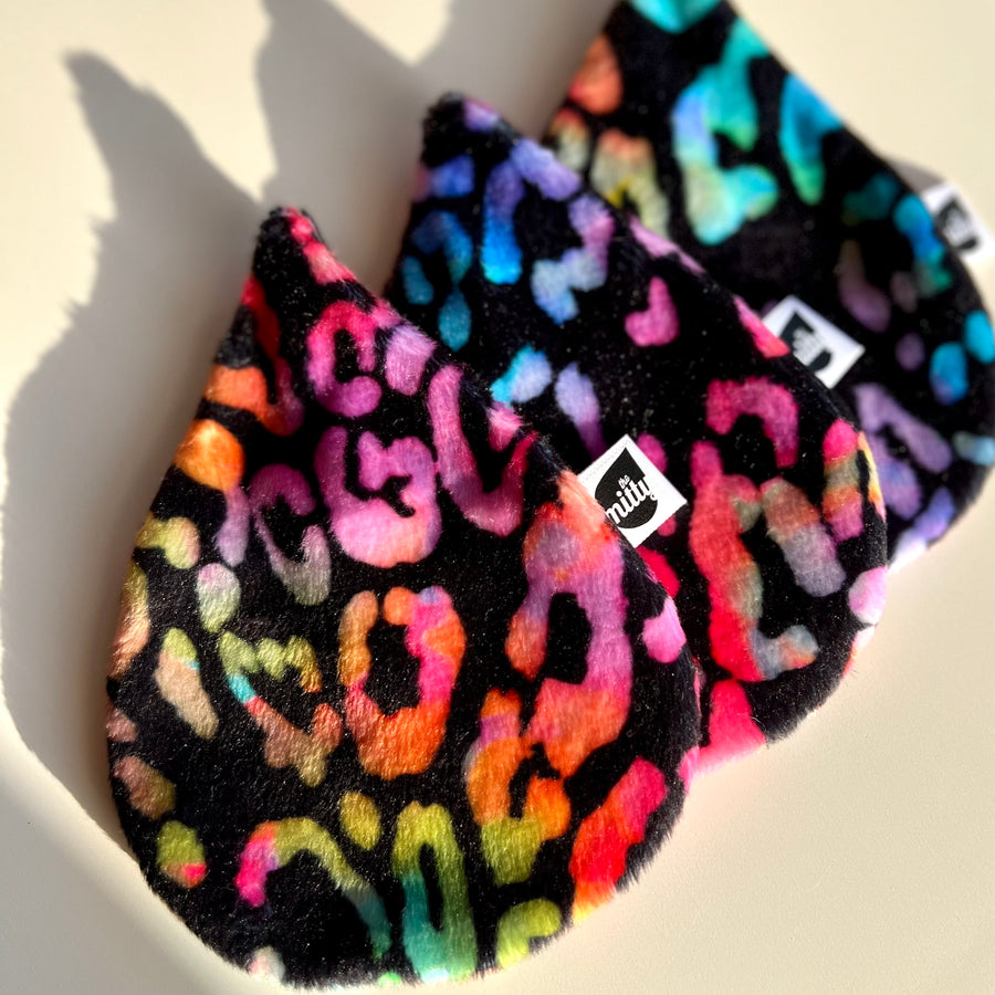 The 90s Mitty is a 3-pack of Makeup Mittys in a 90s-inspired neon print